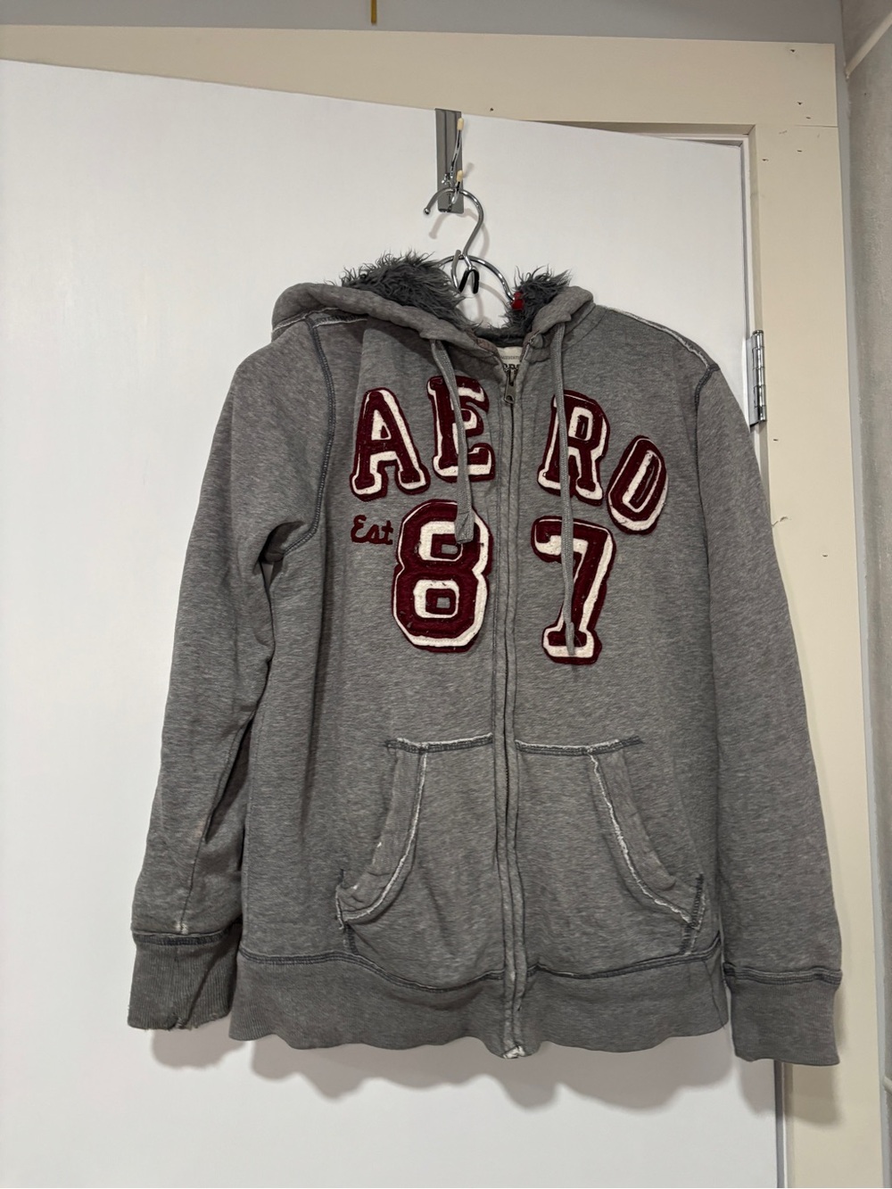 Aeropostale Gray Hooded Zip Jacket with Maroon Applique